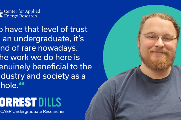 Image of Forrest Dills with text: "To have that level of trust in an undergraduate, it's kind of rare nowadays. The work we do here is genuinely beneficial to the industry and society as a whole."