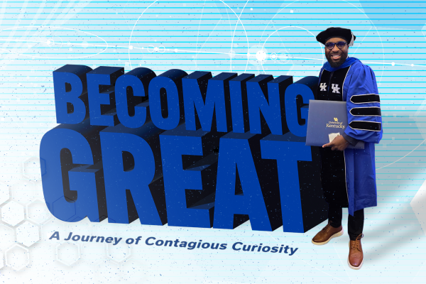 a photo of a young black man in graduation robes next to a large font caption that says "Becoming Great"