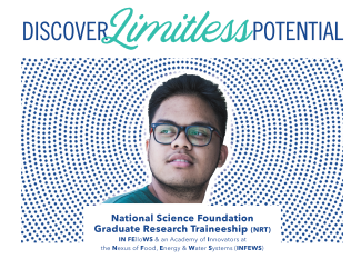 A student looks off to the left, there is a dotted spiral around his head. The text at the top reads "discover limitless potential". At the bottom, it says "National Science Foundation Graduate Research Traineeship" 