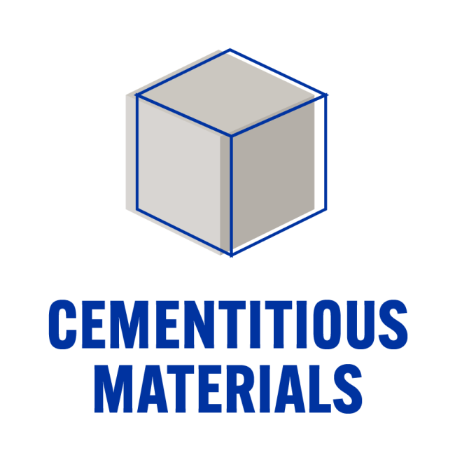 An icon in blue and grey showing a block of cement with the text 'cementitious materials'