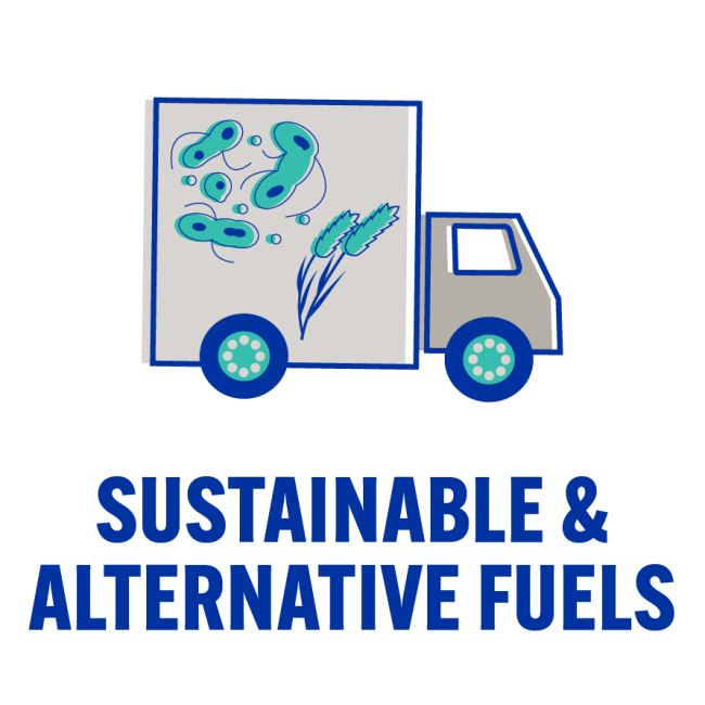 An icon in green and grey showing a box truck with cells in the back. The text reads 'sustainable and alternative fuels'